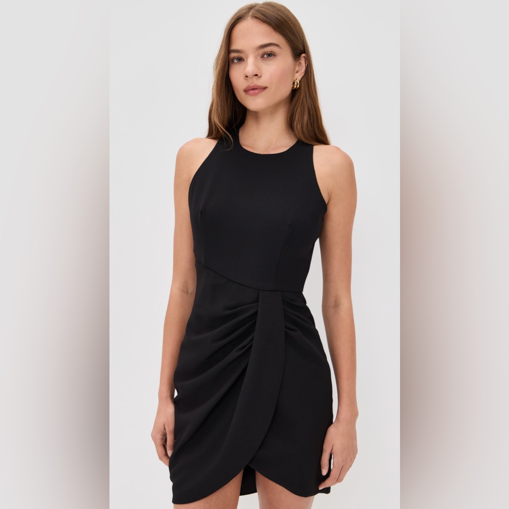 Black Halo Black One-Shoulder Ruched Wrap Dress